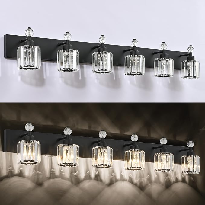 PRESDE 6-Light Crystal Bathroom Lights Fixtures Modern Matte Black Bathroom Lights Fixtures Over Mirror Bath Wall Lighting
