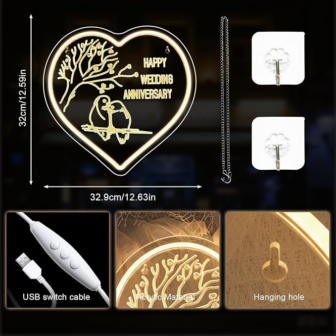 Lucunstar Wedding Neon Sign Happy Anniversary LED Sign for Wall Decor Valentines Day LED Light Love Signs Heart Decor in Wedding Party Bedroom Home Love Gifts for Couple in Anniversary Party