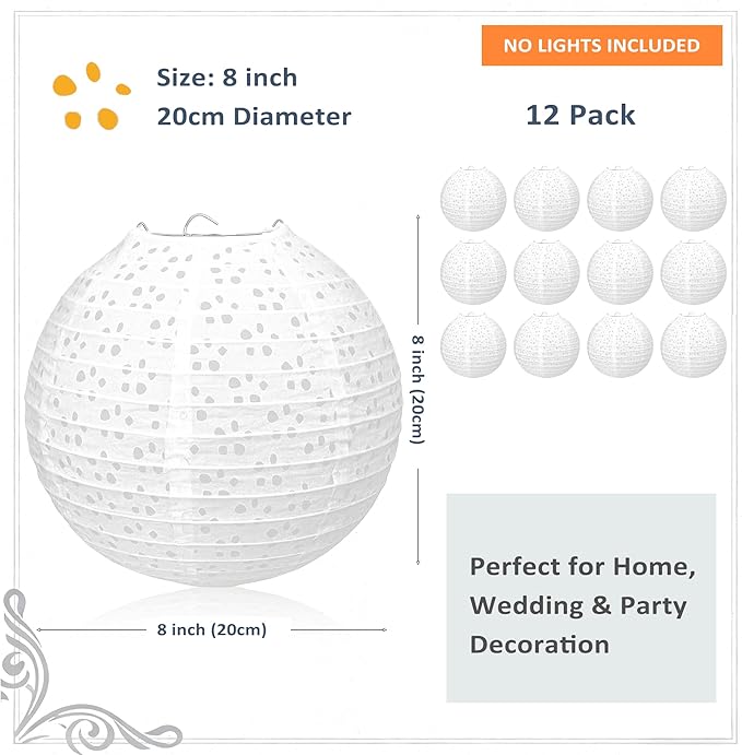 12Pack White Paper Lanterns Decorative Chinese Japanese Hanging Paper Lanterns Party Decorations 8Inch Round Hollow Lamps for Valentines Wedding Anniversary Baby Shower Outdoor Indoor Birthday Decor
