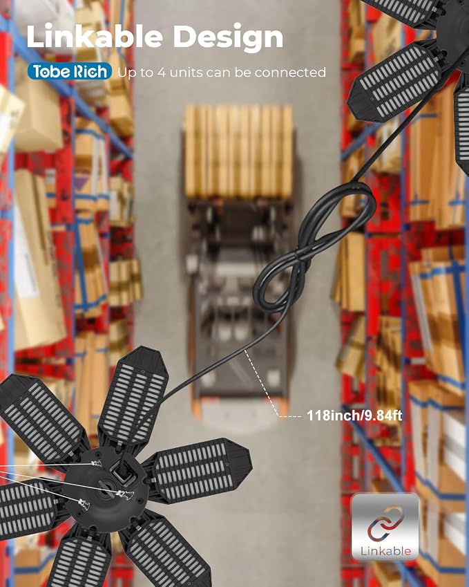 toberich 4 Pack Plug in Garage Light with Pull String 18000LM Shop Lights | 6500K Daylight, Linkable, 9.84FT Power Cable, Work Lights for Garage Workshop Utility Room