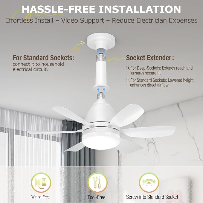 Socket Fan Light with Remote, 20'' 30W Dimmable LED 3 Colors 3000K-6500K, 6 Speed Wind Small Ceiling Fan with Light, Screw in Light Bulb Fan for Bedroom, Kitchen, Living Room, Closet