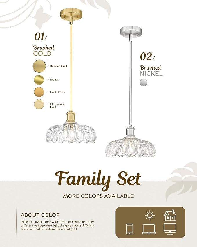 FEMILA 10.4" French Country Gold Glass Pendant Lights for Kitchen Island | Set of 2, floral 10.4" vintage-inspired glass, adjustable hanging height up tp 51.8", E26 base, for bebdsides, reading corner