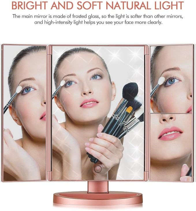 Infitrans Trifold Makeup Mirror Vanity Mirror with Lights,1X 2X 3X Magnification,Touch Control,Adjustable Rotation,Dual Power Supply,Portable Travel Cosmetic Mirror,Birthday Gifts for Women,Teengirls
