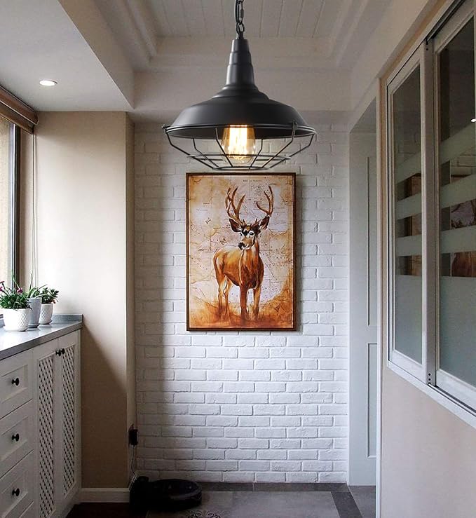 Black Farmhouse Pendant Light - 2 Pack Industrial Vintage Hanging Light Fixtures Metal Wire Cage Pendant Lighting with Adjustable Chain for Kitchen Barn Hallway Porch Dining Room