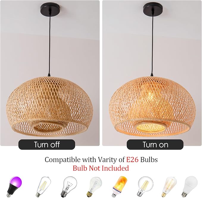 23.6" Bamboo Chadelier,Rattan Pendant Light | Hand Woven Bamboo Chandelier,23.6" Boho Wicker Hanging Light for Kitchen Island Dining Bedroom Living Room Restaurant