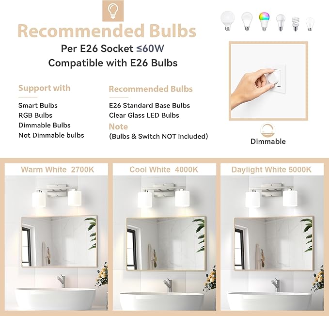 Honesorn Modern Vanity Lights - 2-Light Brushed Nickel Bathroom Mirror Lights with Frosted Shade & Anti-Rust Finish, E26 Wall Mounted