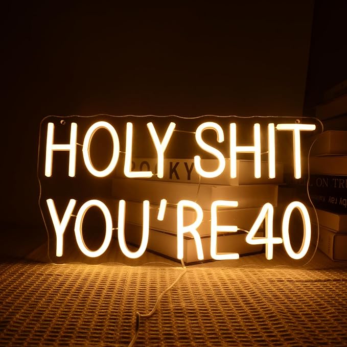 40th Birthday Neon Lights Holy Shit You're 40 LED Signs Forty years old for 40th Wedding Anniversary Party Decorations Warm LED Light for Wife, Mom, Daughter, Sister, Aunt