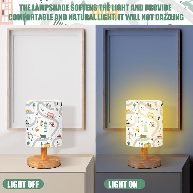 Transportation Kids Table Lamp for Bedroom Kids Bedside Lamp with Linen Wooden Nightstand Cartoon Nursery Lampshade for Girls Boys Living Room