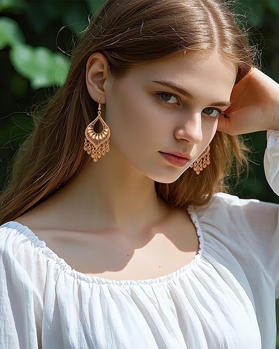 Silver 14K Gold & Rose Gold Plated Boho Chandelier Earrings – Intricate Bohemian Earrings with Filigree and Tassel Earrings for Women Trendy
