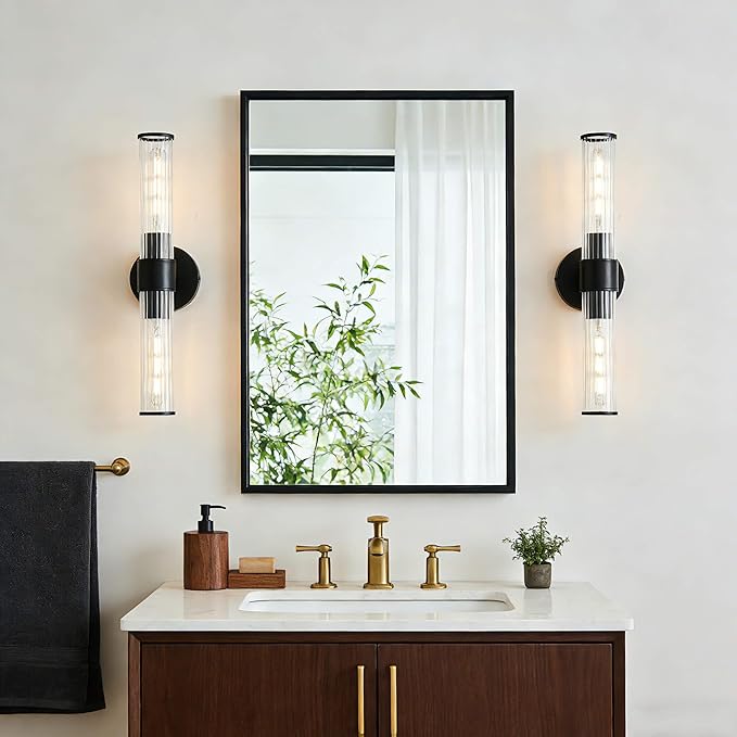 Bathroom Light Fixtures 2 Pack Hardwired, Black Wall Sconce Threaded Glass Vanity Light Featuring Two E26 sockets, Bathroom Wall Light Dimmable - Bulb Not Included, UL Certification