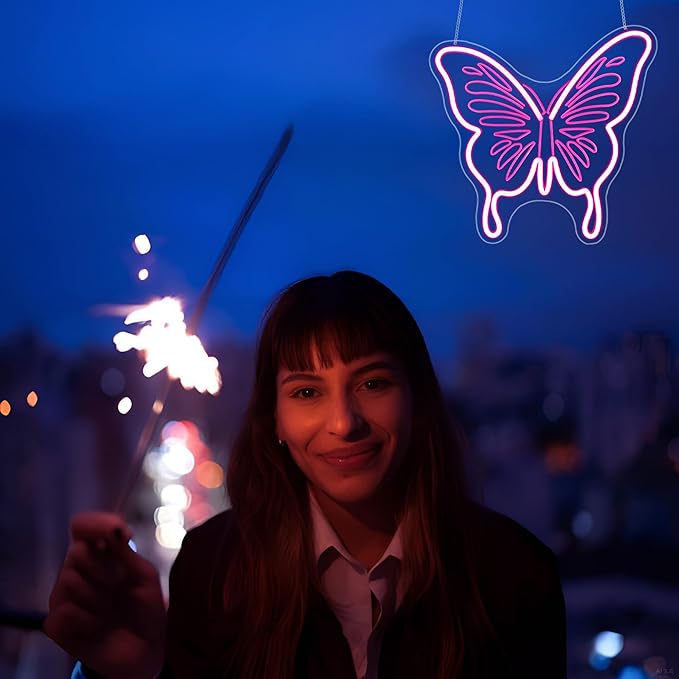 Butterfly Neon Sign - HSJNJKFU LED Neon Signs for Wall Decor Pink Light Sign with Engraved Design, LED Signs for Bedroom, Classroom, School Room Decor, USB Powered