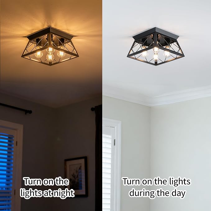 Mayful Black Farmhouse Flush Mount Ceiling Light Fixturet, 4-Light Rustic Hallway Light Fixtures, Square Industrial Close to Ceiling Light Fixtures for Kitchen Entryway Foyer, Bulb Not Included