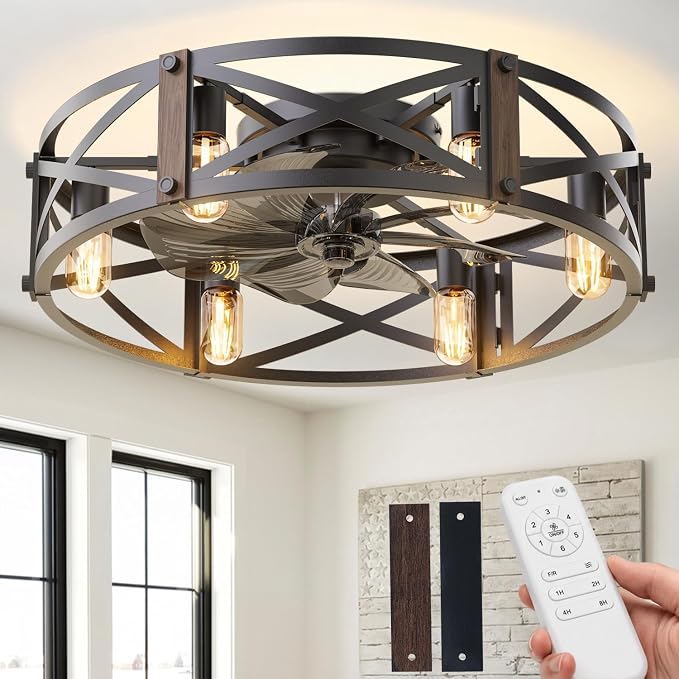 Passky 24" Caged Ceiling Fans with Lights and Remote, Low Profile Fandelier | Reversible DC Motor, 1/2/4/8H Timer, 6 Speeds, Farmhouse, Quiet Operation, 6 E26 Sockets, For Bedroom, Kitchen, Dining Room