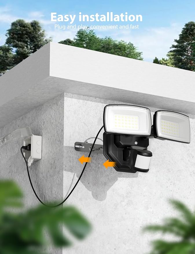 Onforu 32W Plug in Motion Sensor Lights Outdoor, 3200LM Motion Flood Light Dusk to Dawn, IP65 Waterproof Led Security Light Outside, 2 Heads Motion Activated Wall Light for Garage, Porch, Yard - Black