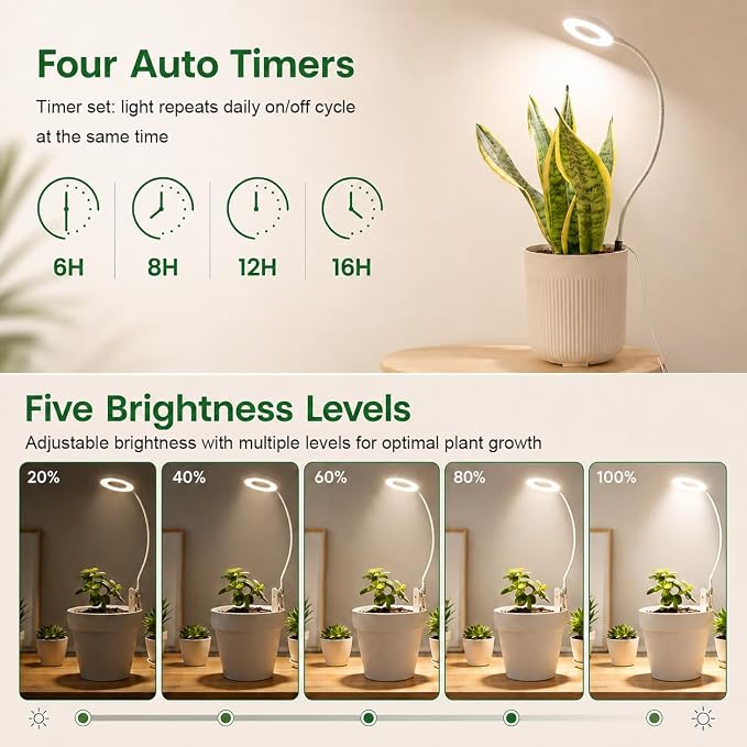 LORDEM Grow Lights for Indoor Plants, 2 in 1 Full Spectrum Plant Light with 360° Gooseneck, 48 LEDs, Auto Timer 6/8/12/16H, 3 Lighting Modes,5 Brightness Levels for Small Plants, 3 Pack White
