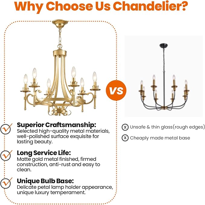 Modern Gold Candle Chandelier, 6-Light Farmhouse Chandeliers for Dining Room Lighting Fixtures Hanging, Dining Light Fixtures Iron Metal Pendant Light Fixture for Bedroom Living Room Kitchen Foyer