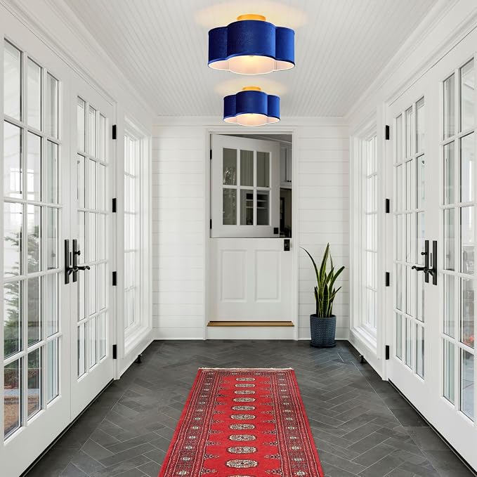 VILUXY Modern Semi Flush Mount Ceiling Light Fixture, Blue and Gold Ceiling Lights with Velvet Fabric Shade 4-Light Drum Ceiling Light Fixture for Bedroom Nursery Hallway Entryway Kitchen, UL Listed