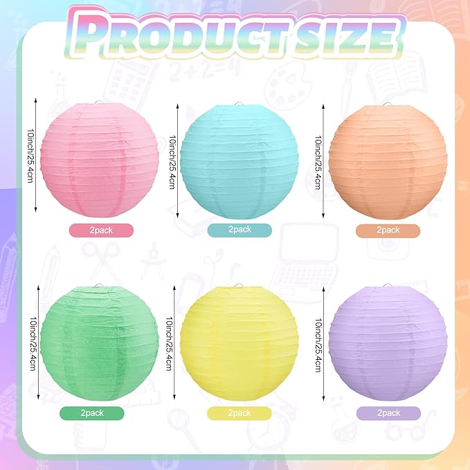 12 Pcs 10 Inch Hanging Paper Lanterns Party Decorations Cute Pastel Classroom Decor for Birthday Back to School Party Decoration for Classrooms Wedding Birthday Ceilings