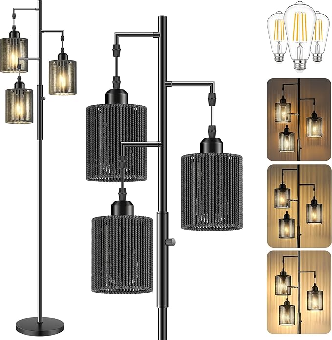Hotsonic 72" Rattan Boho Floor Lamp, Tall Dimmable Standing Lamp with Handcrafted Black Shades, Industrial Tree Floor Lamps for Living Room, Bedroom, Study Room, Office (3 x 800LM LED Bulbs Included)