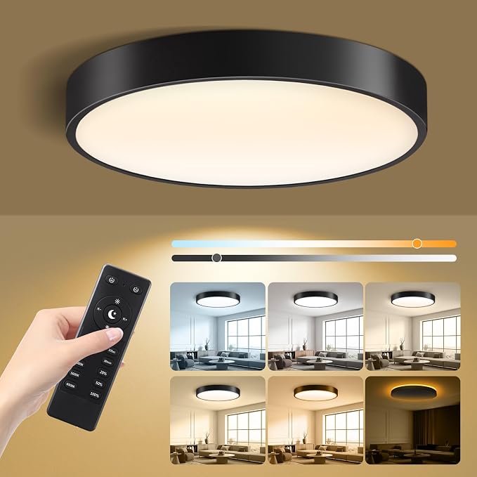 13 Inch Flush Mount Ceiling Light with Remote Control & Night Light, 5CCT Dimmable Ceiling Light Fixture, 25W 2500LM 2700K-6500K Adjustable LED Ceiling Lights for Bedroom Kitchen, Black