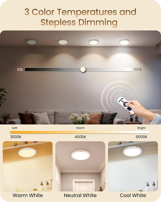 4 Pack Rechargeable Motion Sensor Ceiling Lights with Remote, Wireless Ceiling Light Battery Operated, Magnetic, 3CCT, Dimmable Shower Light, Motion Activated Light for Closet Bathroom Stairs Pantry