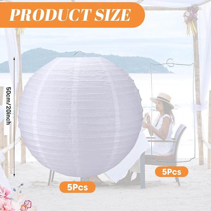 Glooglitter 5 Pcs 20 Inch Large White Paper Lanterns Gaint Chinese Moon Round Paper Lamp Japanese Jumbo Hanging Lanterns for Wedding Graduation Bridal Shower Birthday Party Supplies Decoration