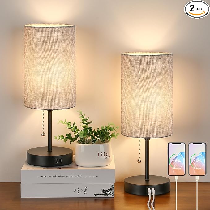 Modern Table Lamps Set of 2, Grey Fabric Shade and Black Metal Base for Living Room Bedroom Office Reading Dorm Hotel