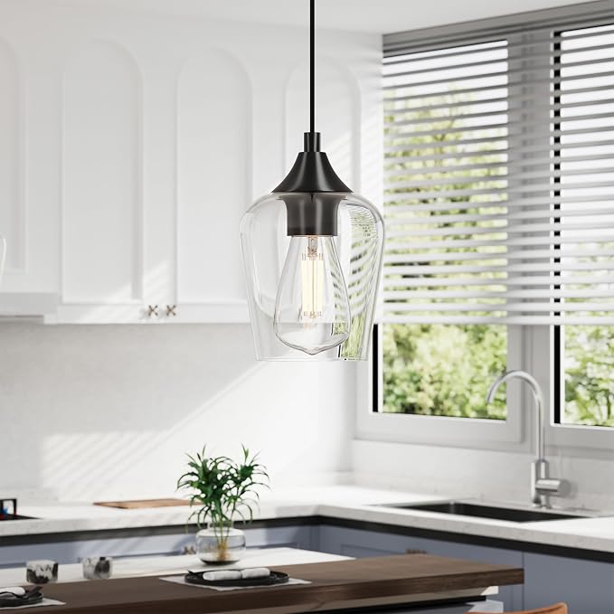 VONLUCE Black Pendant Light for Kitchen Island, Set of 2 | E26 Base, Adjustable Hanging Cable, Clear Glass Shade, Modern Design for Living Room Bedroom Hallway