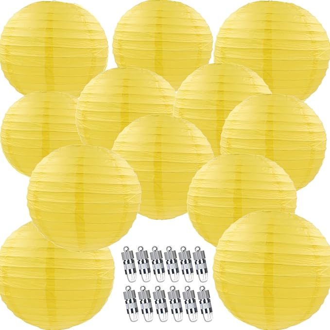 12pcs Yellow Paper Lanterns with 12pcs White LED Lights, 6" 8" 10" 12" Round Hanging Chinese/Japanese Ball Lantern for Easter Wedding Anniversary Birthday