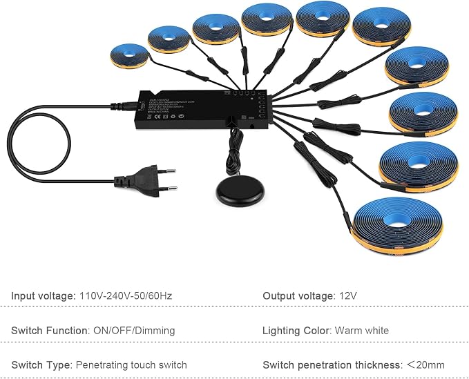 12V 10PCs Self-Adhesive Black COB LED Strip Light 3.3Ft | LED Recessed Lighting Kit with 100W Adapter 3000k Touch Dimmable Cabinet Light for Wood Slat Wall Panels Headboards Shelf