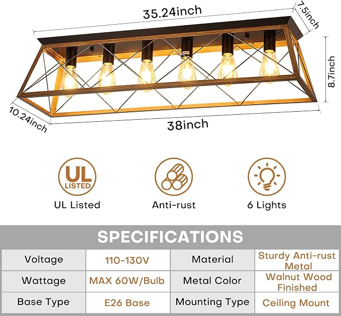 38” Farmhouse Large Flush Mount Ceiling Light Fixture with Walnut Finish | 6-Light Vintage Industrial Flush Mount Chandelier with Cage Design for Dining Room Kitchen Island Living Room Hallway