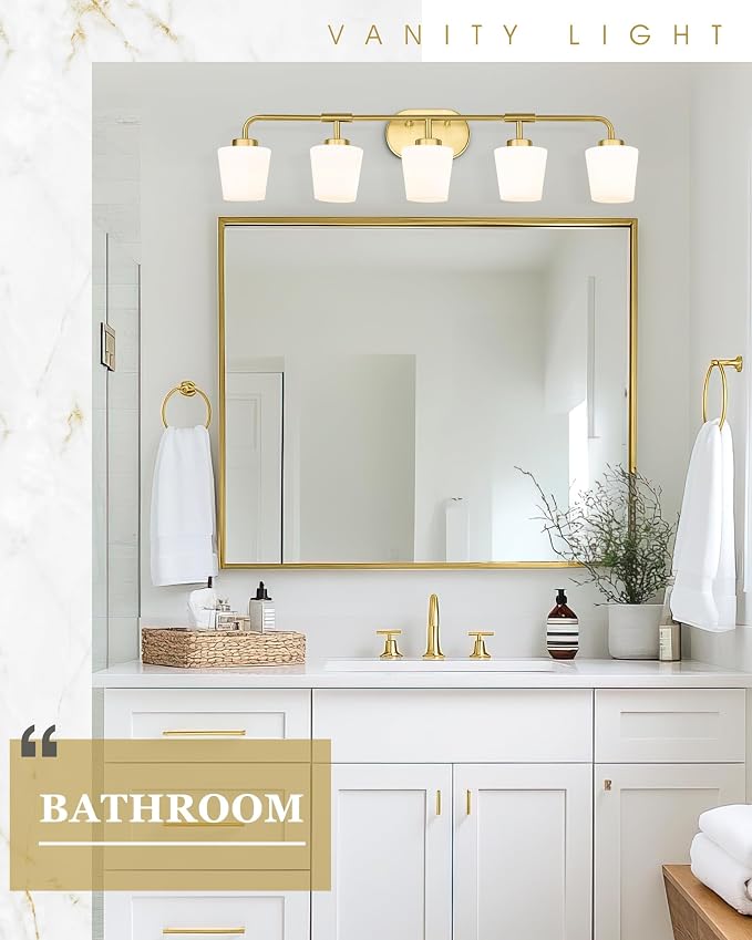 Bathroom Light Fixtures Over Mirror, 5-Light Brushed Gold Vanity Lighting Fixtures with Milk White Glass, 38inch Farmhouse Champagne Bronze Wall Sconces Lighting, AD-22004-5W-GD