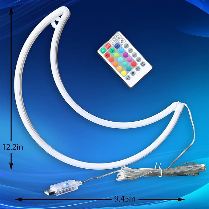 LED RGB Moon Neon Sign Light, Battery or USB Powered 5V Cute Room Decor | 16 Color Change Art Decorative Night Lights Decorationsfor Girls, Window, Wall, Home, Bedroom, Office, Dorm, Party, Wedding