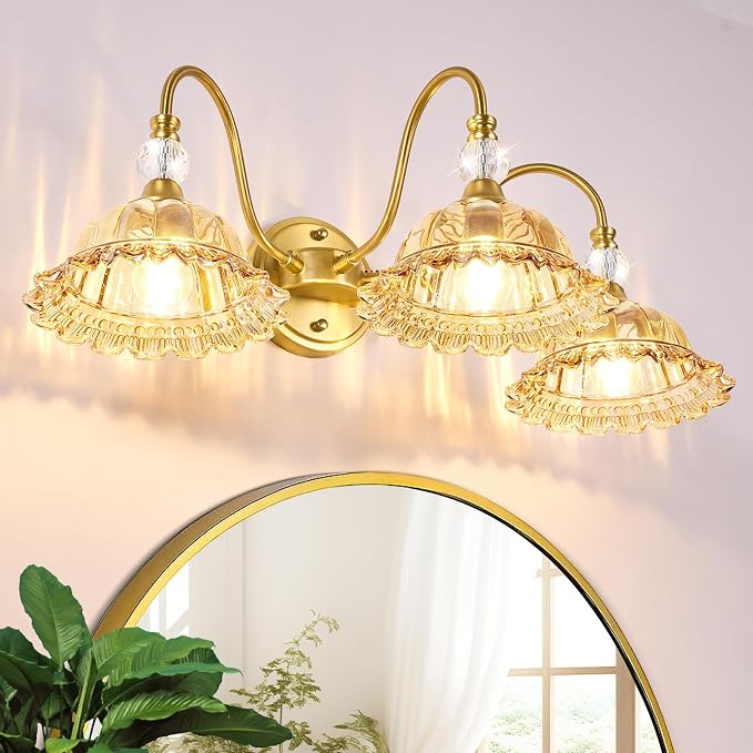 Mid Century Bathroom Light Fixtures 3 Lights Brushed Gold Vanity Lights for Bathroom with Floral Amber Crystal Glass Shade Bathroom Vanity Lighting Fixtures Over Mirror for Bedroom Living Room Hallway