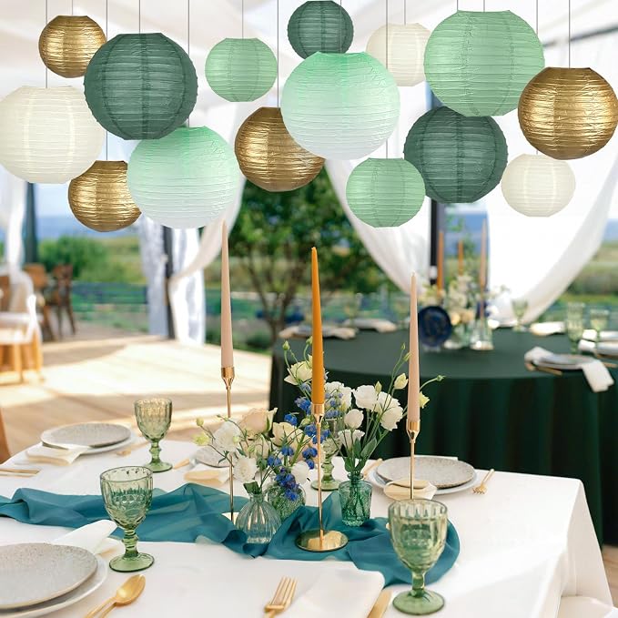 15-Pack Sage Green Gold Paper Lanterns, Hanging Classroom Decor | 6,8,10 Inch Hanging Lanterns for Weddings, Bridal Showers, Graduations, Anniversaries & Baby Showers