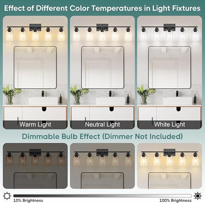 Ascher Bathroom Light Fixtures, 5-Light Vanity Light Over Mirror, Matte Black Wall Sconces with Clear Glass Shades, Wall Lamp for Living Room Bedroom, E26 Base(Bulbs Not Included)