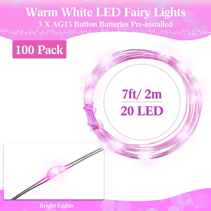 100 Packs Fairy Lights Battery Operated 3 Speed Modes, 7 Ft/ 2 M 20 LED Battery String Mini Waterproof Wire Twinkle Lights Bulk for Wedding Party Birthday Vases Decor (Pink Light)