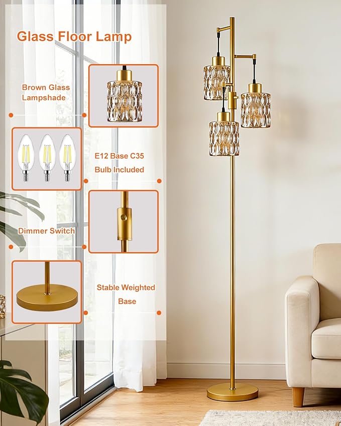 Lightdot 67" 3-Light Glass Floor Lamp for Living Room, Dimmable with Amber Glass Shade & E12 Bulbs Included, Mid Century Standing Tall Lamp with 5Lbs Heavy Base for Bedroom/Sofa Beside/Corner - Gold