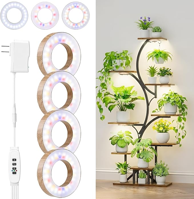 3CCT Grow Lights for Indoor Plants, 192 Full Spectrum LED Plant Light for Indoor Growing with Enhanced Red & Blue, 4/8/12H, 10 Brightness, 2 in 1 Small Ceiling Grow Light Wood Grain, 4-Head