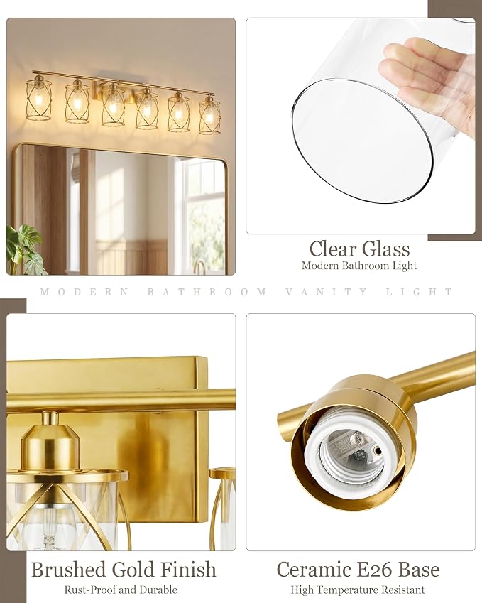 6-Light Brushed Gold Bathroom Light Fixtures Over Mirror, 42" UL-Listed Modern Wall Sconce Lights with Clear Glass and Metal Cage for Bath, Hardwire E26, CH9176BG-6W