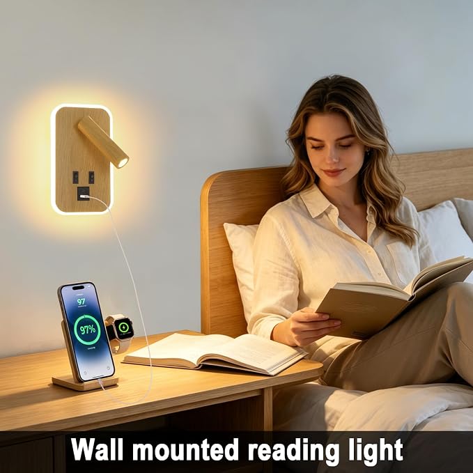 Wall Mounted Reading Lights with Wall Sconce Plug in&Hardwired | Wall Lights for Bedroom with USB C+A Ports, Bedside Lamp with 9W Night Light, Wood Color Reading Light Adjustable 350°Angle