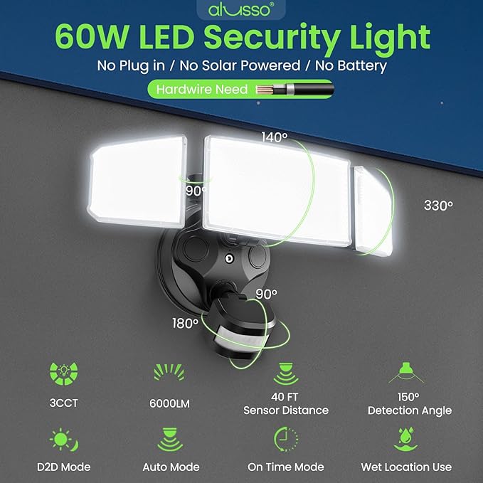 ALUSSO LED Security Lights Motion Sensor, 120V 60W 6000LM 3 Modes Flood Lights Outdoor Motion Sensor, 3CCT 3 Heads Outdoor Security Light Wet Location Use for House Garage Yard Walkway Black