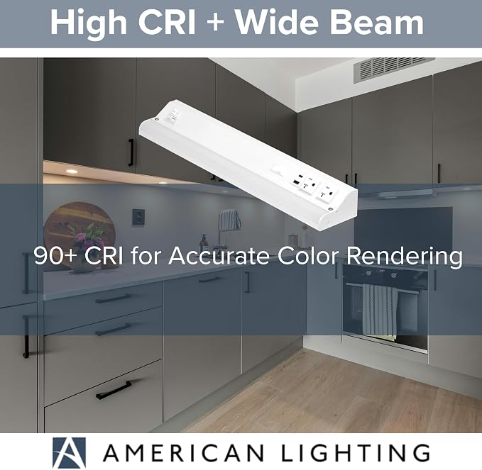American Lighting LED Courant Plus Undercabinet Light 18 Inch White | 5CCT, 90+ CRI, 1000 Lumens, USB-A USB-C and 20A Receptacles, Title 24 Compliant