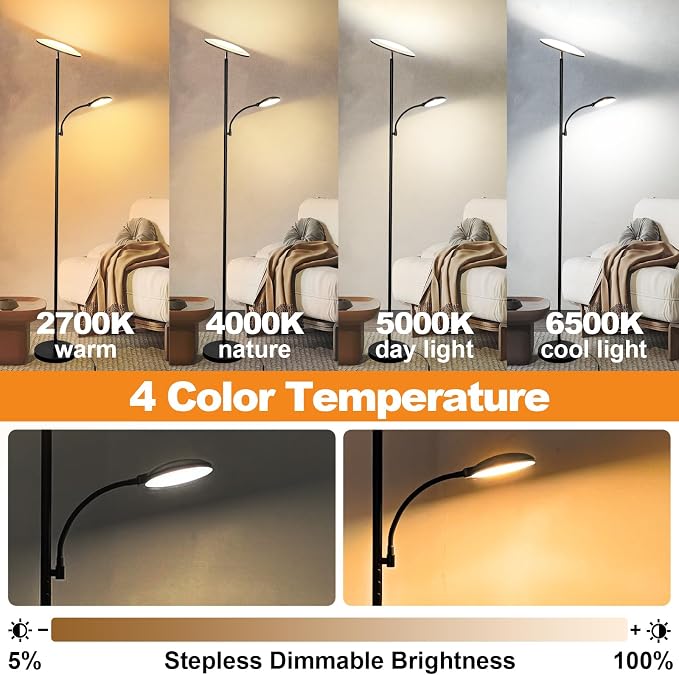 marctronic Floor Lamps for Living Room, 44W/4500LM Super Bright 2 in 1 LED Floor Lamp with Remote, Stepless Dimmable, 69" Tall Standing Floor Lamp with Bendable Reading Light for Bedroom Office