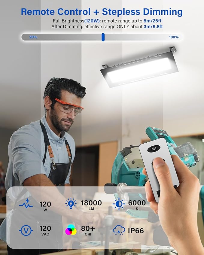 120W LED Shop Lights with Remote, 5FT Power Cord and US Three-Prong Plug, 18000LM 6000K, Aluminum Garage Lighting, IP65 Waterproof, Plug & Play for Warehouse, Workshop, Basement, 2PCS