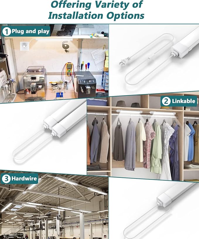 LED Tube Light Fixture with Plug, 1.4FT-2pcs 1800LM 5000K Utility Shop Light, Linkable Cabinet Light for Garage, Kitchen, Bathroom, Closet, Office - 1.4Ft, Triproof, White