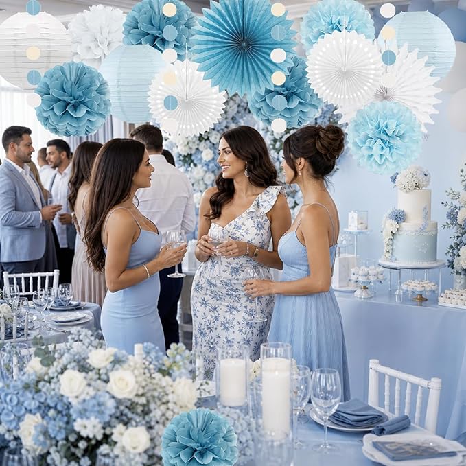 Dusty Blue White Party Decorations Paper Lanterns Tissue Pom Poms Flowers White Paper Fans for Light Blue Birthday Baby Shower Bridal Shower Wedding Party Decoration