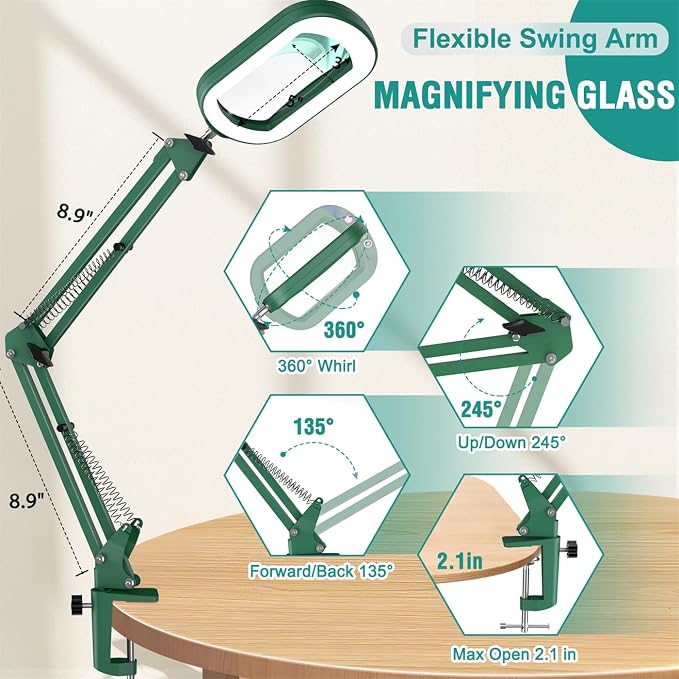 IVMAIE 12X Rectangle Magnifying Glass with Light, 5 Color Modes Stepless Dimmable Magnifier with Stand, LED Lighted Clamp Desk Lamp with Swing Arm, Hands Free for Reading Painting Close Work - Green