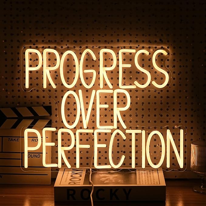 Progress Over Perfection Neon Sign for Wall Decor Dimmable Warm White Words Led Light Up Sign USB Powered LED Letters Neon Light for Classroom Bedroom Library Study Room(16.5 * 12.6In)