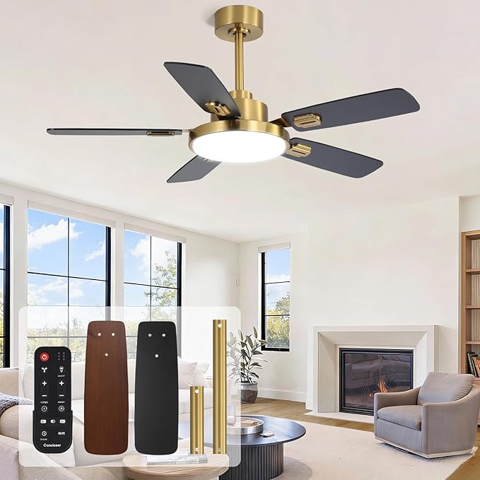 44 Inch Ceiling Fans with Lights and Remote for Bedroom Living Room Kitchen Office, Indoor/Outdoor Use, 5CCT Dimmable, Dual Color 5 Blades, 6 Speed Reversible Quiet DC Motor, Gold/Wood Grain